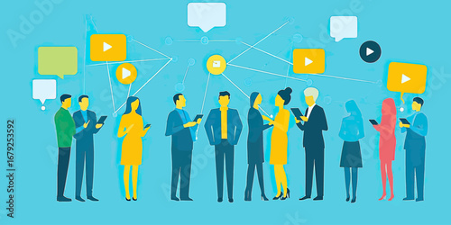 Group diverse people communicating and networking through mobile devices with social media icons and chat bubbles flat vector illustration