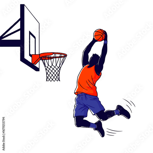 Dynamic vector illustration of a basketball player in silhouette executing a powerful slam dunk against a white background