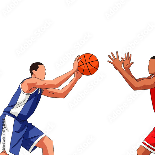 Dynamic vector illustration of two basketball players in action, one passing the ball and the other defending during a competitive game