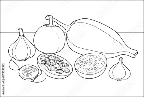 Elegant line art illustration of armenian harissa ingredients fo