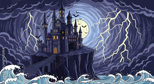 Mysterious gothic castle stands on cliff during stormy night with lightning and crashing waves