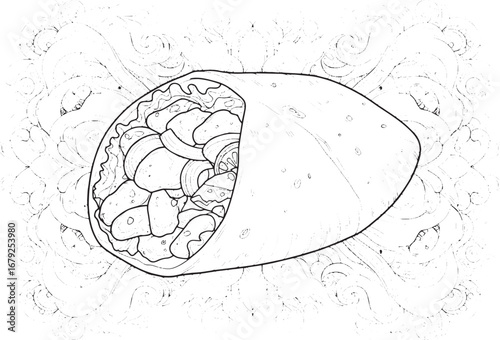 Detailed chicken shawarma wrap illustration with ornate backgrou