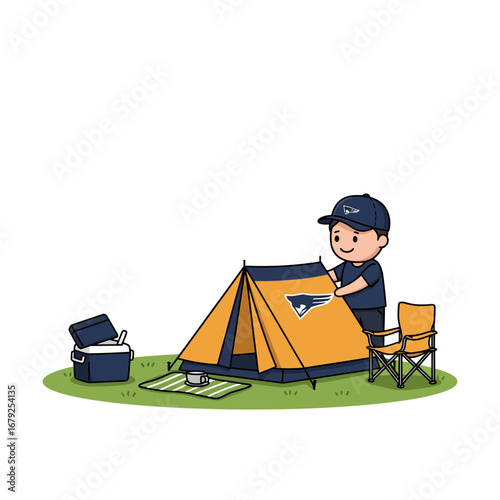 A cartoon person setting up an orange and blue tent on green grass with a cooler and chair nearby.