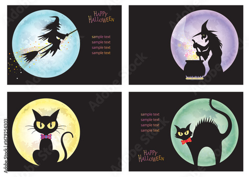 Spooky Halloween Cards: A vibrant watercolor card collection, conjuring the spirit of Halloween with eerie imagery of witches, black cat silhouettes, and full moons, perfect for festive greetings.