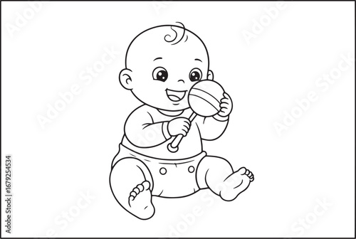 Delightful outline illustration: A cheerful baby playing with a