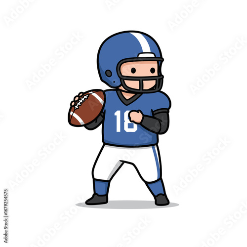 Cartoon illustration of a football player holding a ball in a dynamic throwing pose.