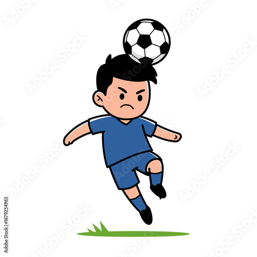 A determined cartoon boy in a blue uniform jumping to head a soccer ball with a fierce expression.