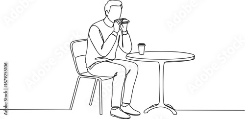 Minimalist line art illustration of a man having a snack and cof