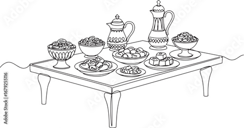 Elegant line art depiction of a traditional ramadan feast table