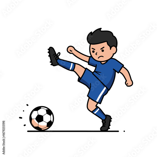 Cartoon illustration of a young boy in a blue uniform kicking a soccer ball with determination.
