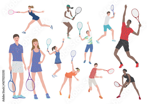 Tennis Players in Action: A collection of dynamic figures engaged in the thrilling sport of tennis, showcasing various poses and athletic moments. Capture the energy and skill of the game.