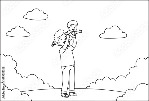 Cheerful dad carrying his son on shoulders, pretend to fly, line