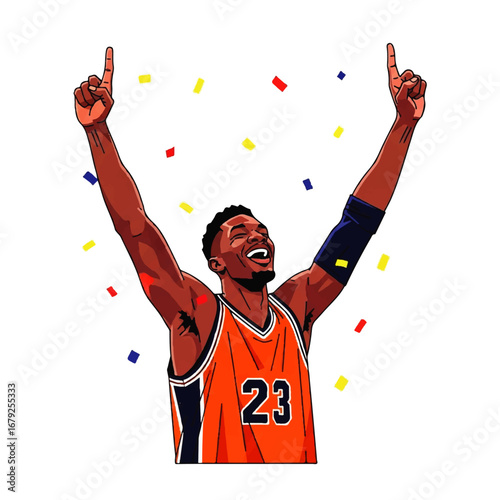 Triumphant Basketball Player Celebrating Victory with Confetti