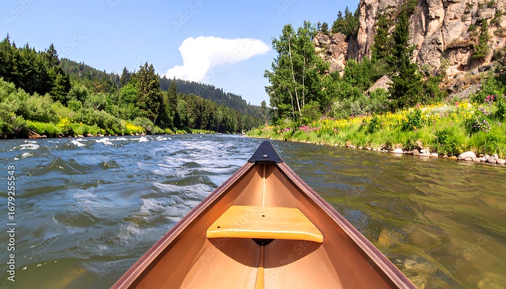 Fototapeta premium A serene river journey unfolds from within a wooden canoe, showcasing a tranquil waterway bordered by lush greenery and vibrant wildflowers.
