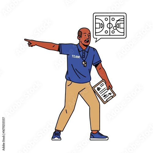 Illustration of a Basketball Coach Pointing and Holding a Clipboard with Game Plan