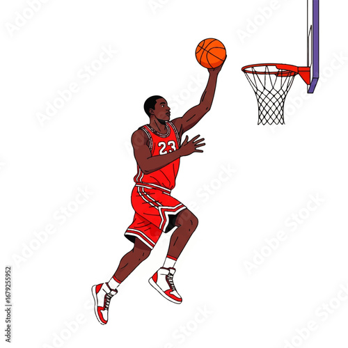 Dynamic illustration of an athletic basketball player soaring through the air, powerfully dunking the ball into the hoop, showcasing incredible skill and a moment of triumph during a game