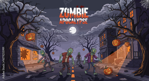 Spooky zombie apocalypse Halloween night with pumpkins and undead walking on the streets illustration