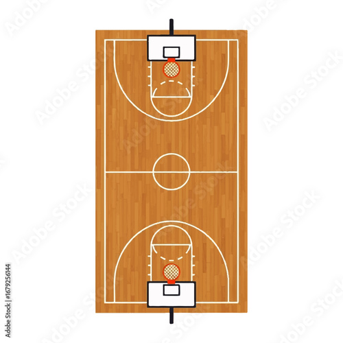 Top-down aerial view of a realistic wooden basketball court with hoops, illustrating the strategic layout for a game or competition