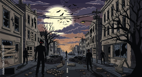 Terrifying zombie horde prowling destroyed city streets under a bright full moon and flock of bats