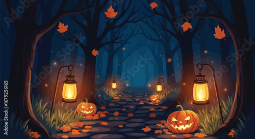 Step into a magical Halloween night with glowing pumpkins and lanterns illuminating a spooky forest path
