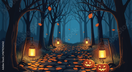 Spooky Halloween night forest landscape with pumpkins and falling leaves for festive autumn season