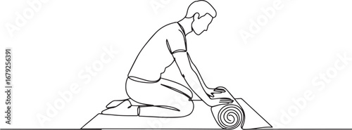 Minimalist one-line illustration of a man unrolling a mat for ex
