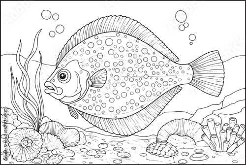 Delicate flounder outline swimming amidst marine flora for color