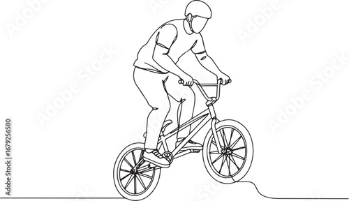Single continuous line drawing of a man riding a bmx bicycle iso