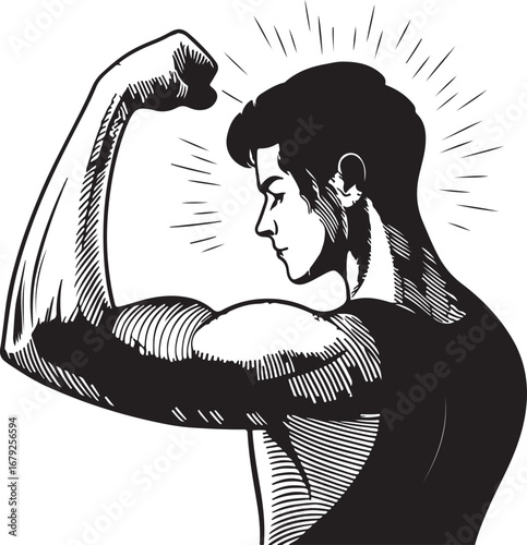 Confident Man Flexing Muscular Arm, Fitness Strength Illustration