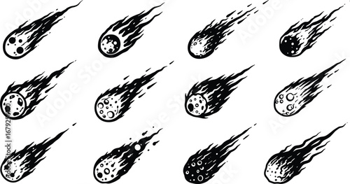 Collection of hand-drawn meteor and asteroid icons, black and white vector illustrations, space objects with fiery trails, cosmic and astronomy design elements