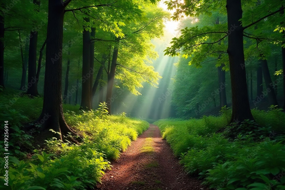 Obraz premium A winding trail disappears into a lush forest, sunlight dappling through the leaves onto the path ahead Perfect for adventure and nature lovers seeking solitude and escape , escape, forest