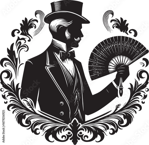Elegant Silhouette of a Gentleman with a Fan and Ornate Frame in Vintage Style