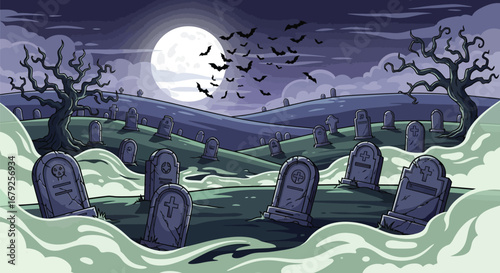 Spooky graveyard with bats flying in the moonlight creates a haunting Halloween backdrop perfect for eerie designs