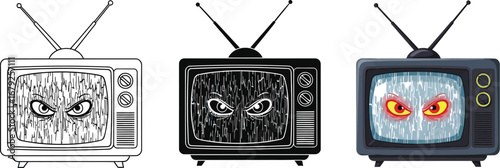 Retro TV set with spooky eyes ideal for Halloween or horror themed designs and projects, vintage technology