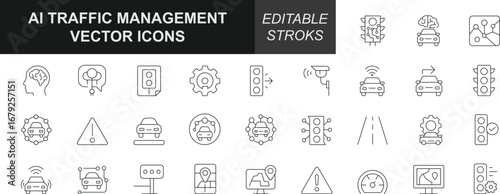 Line art AI traffic management vector icons set featuring smart signals, cars, maps, GPS, and urban mobility designs. Perfect for UI, apps, presentations, and automation projects.