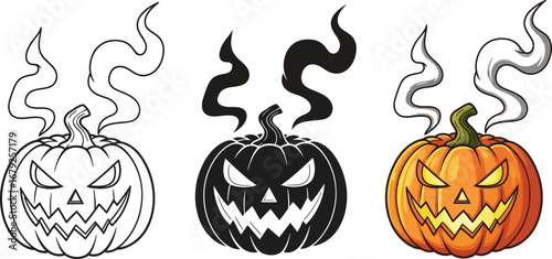 Spooky Halloween pumpkins grinning mischievously with eerie smoke for your autumn season designs