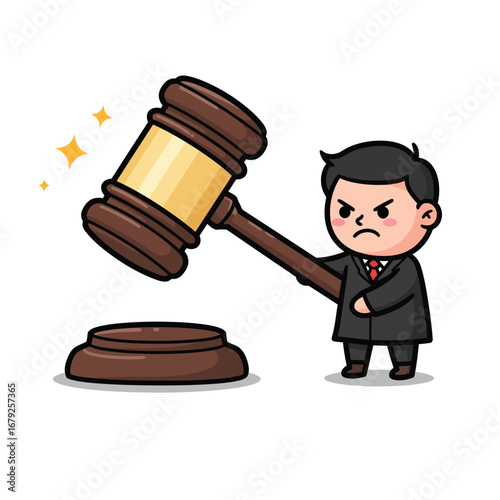 Angry cartoon judge bangs gavel, legal decision, justice.