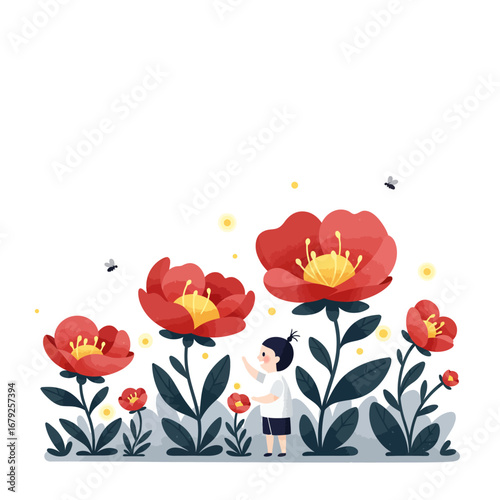 Whimsical illustration of a young girl in a garden of giant, vibrant red flowers with buzzing bees.