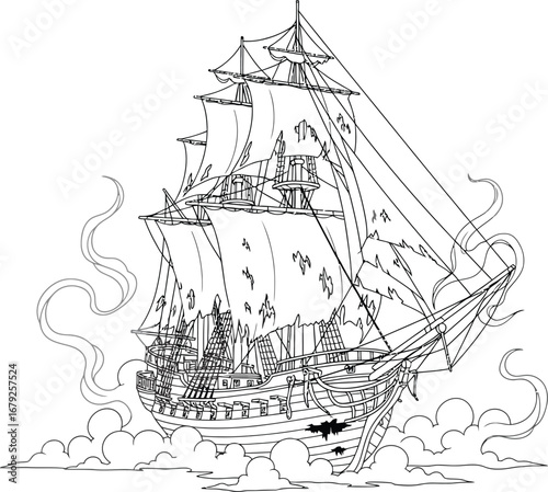 Mysterious old ship sailing through smoky clouds, fantasy illustration for creative project inspiration