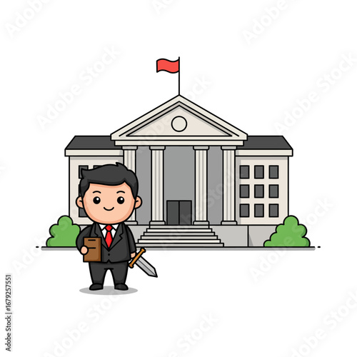A charming cartoon illustration of a lawyer in a suit holding a briefcase and sword standing in front of a grand courthouse building with a flag on top.