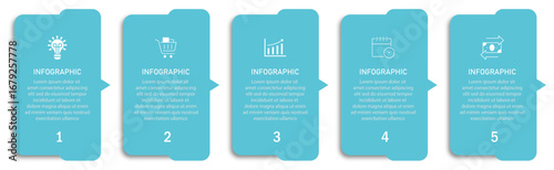 Timeline business process visualization with icon | Modern infographic design with arrow indicator suit for web, corporate, presentation | 5 steps cyan diagram vector illustration