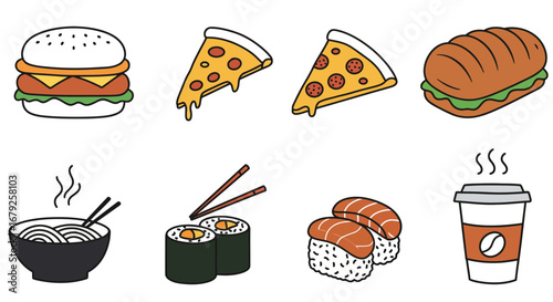 Delicious assortment of popular fast foods including burgers, pizza, sushi, noodles, and coffee, perfect for menu design or food blogs.