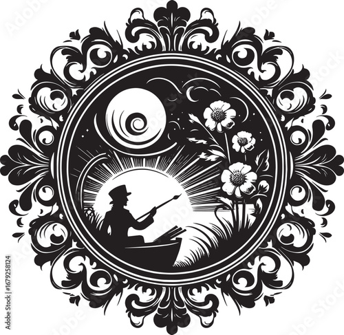 Illustration of a wheelbarrow filled with plants inside a window with intricate latticework design