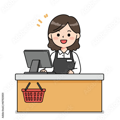 Cartoon illustration of a cheerful female cashier standing behind a counter with a computer and a red shopping basket.