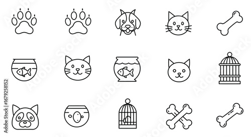 Adorable collection of playful pet icons featuring dogs, cats, fish bowls, paw prints, bones, and bird cages for your veterinary or pet care brand