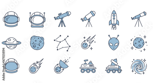 Embark on cosmic adventures with these vibrant space exploration icons featuring astronauts, rockets, planets, aliens, and celestial bodies for innovative design projects.