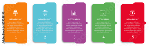 Timeline business process visualization with icon | Modern infographic design with arrow indicator suit for web, corporate, presentation | 5 steps colorful diagram vector illustration