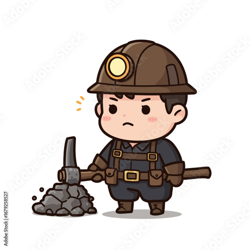 Cartoon miner character with a hard hat and headlamp using a pickaxe to break rocks, looking determined.
