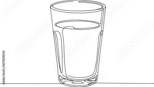 Minimalist outline drawing of a glass cup with liquid on a white