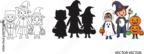 Adorable kids trick or treating in cute Halloween costumes, spooky season fun for children's designs